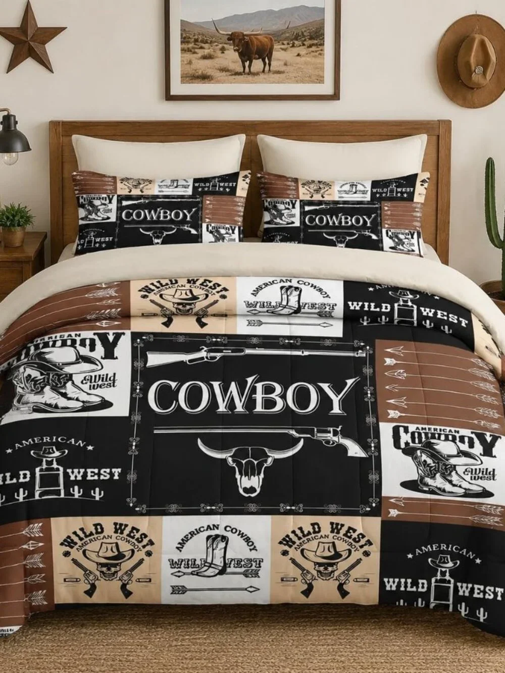 7 Pcs Queen Size Comforter Set with 2 Pillowcases & 2 Shams, Vintage Cowboy West